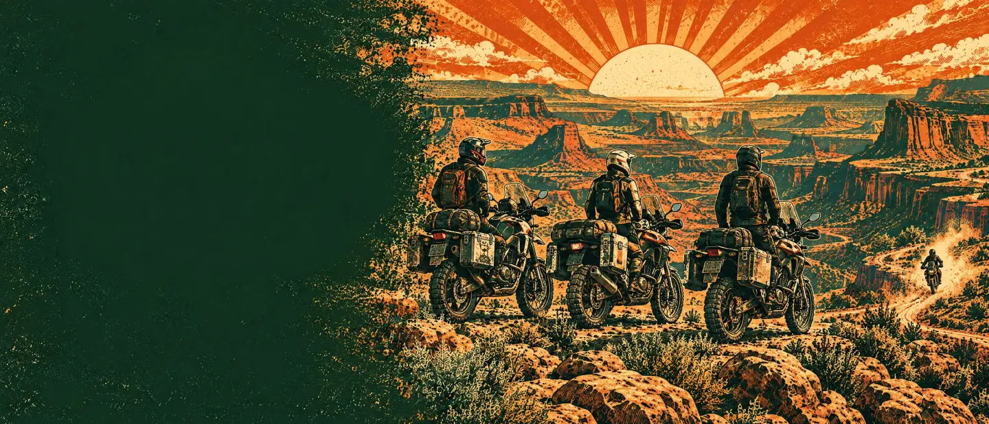 Screen-print illustration of adventure motorcycles with panniers parked at a desert canyon overlook at sunset
