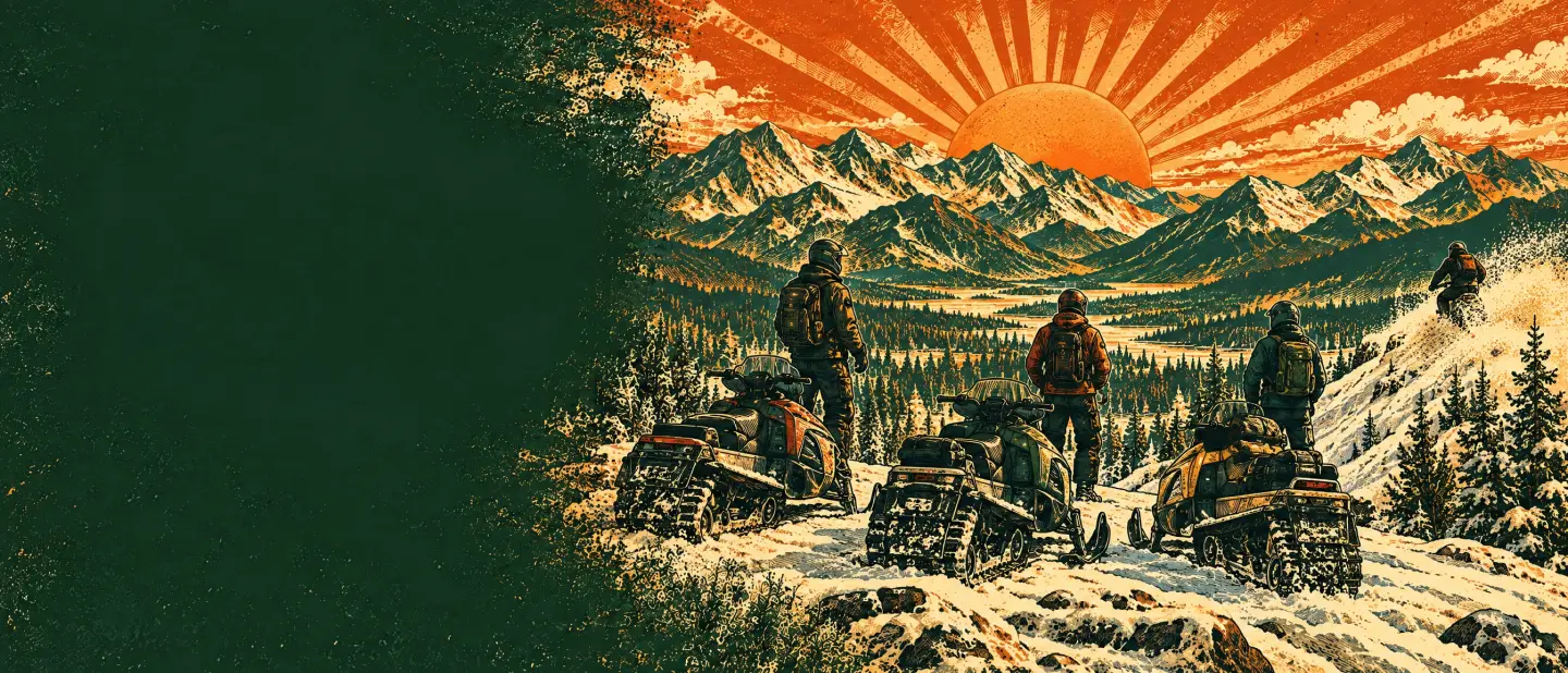 Screen-print illustration of snowmobile riders parked on a snowy ridge overlooking a mountain valley at sunset